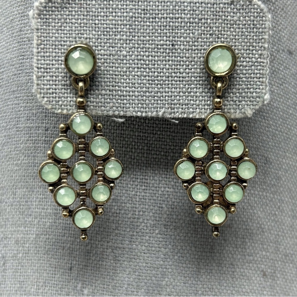Faux Green Aqua Stone Sparkle Stud Diamond Shape Dangle Earrings